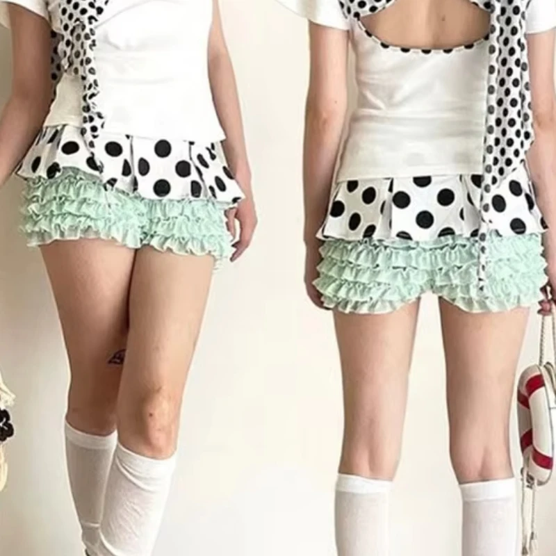 New Retro Polka Dots Printed Europe  America Pleated Y2K Street Ruffles Skirt Pants Music Festival Trend Commuter Women' Pants