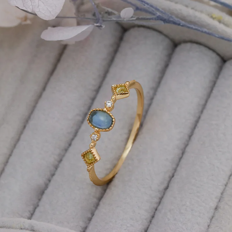S925 Sterling Silver Ring for Women 14K Gold Plated Natural Turquoise Green Olive Gemstone Fine Jewelry Simple Design Gift