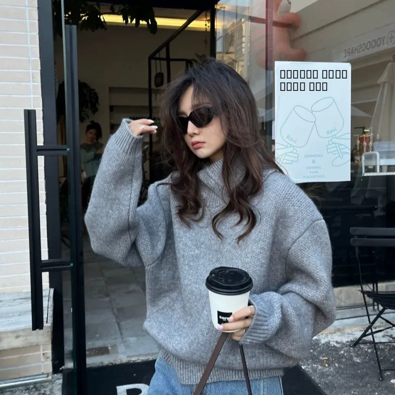 

Korean Sle Lazy Loose Thiened ey Collar Women's Sweater Autumn Winter Knitted Top High Ne Long Sve Polyester Fiber