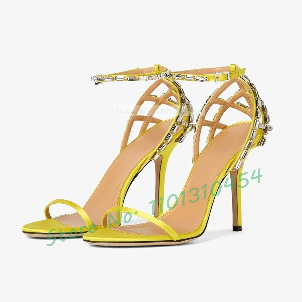 Yellow Cage Satin Sandals Women Luxury Crystal Cross Strap Cover Heel Stiletto Sandals Summer Elegant Ladies Outfit Party Shoes