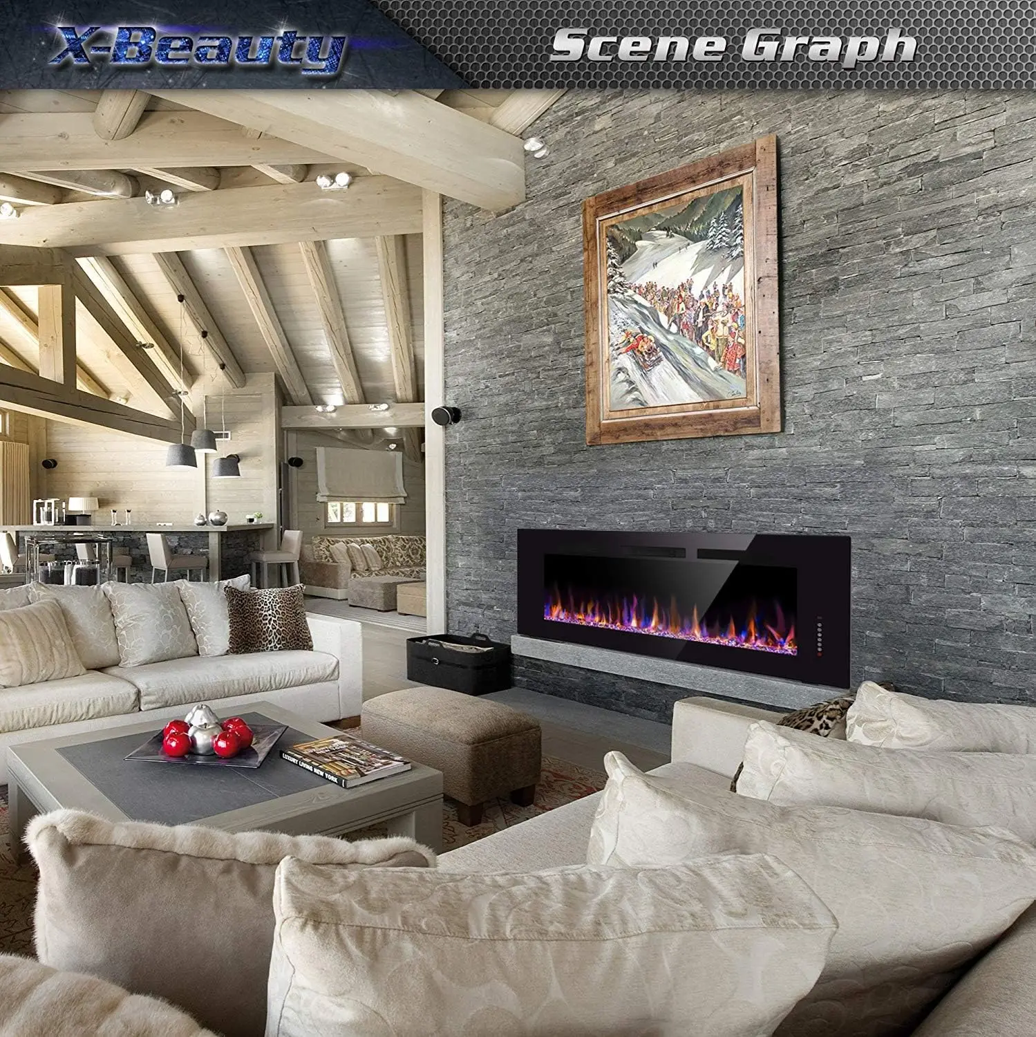 Wall Mounted 1500W Fireplace Heater and Linear Fireplace with Timer/Multicolor Flames/Touch Screen/Remote Control (Black)