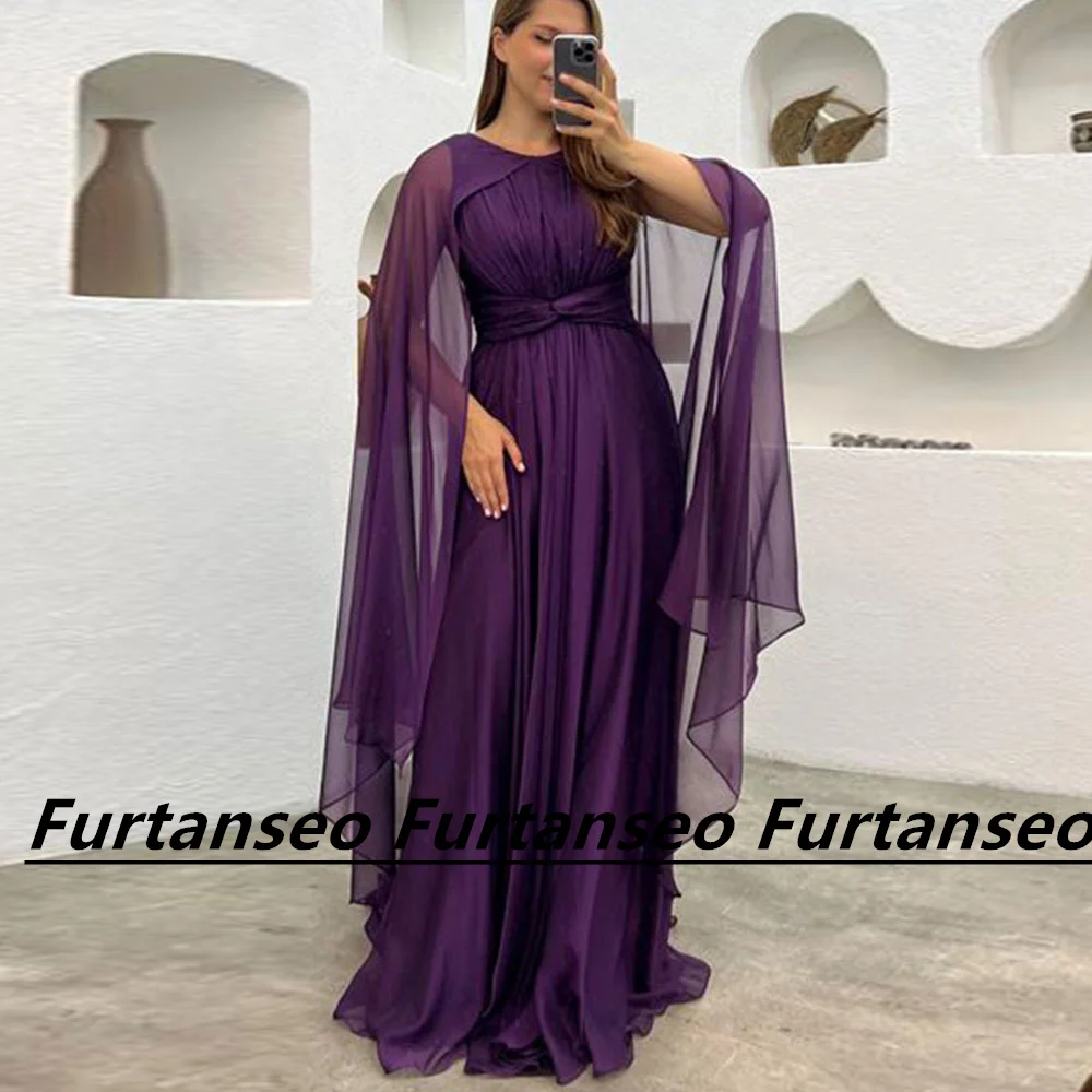 Vestido de noche de gasa Simple Para Mujer, cuello redondo, chal árabe plisado, tren de cepillo de Dubai saudita, línea A, cremallera trasera, Vestidos Para Mujer, Gala