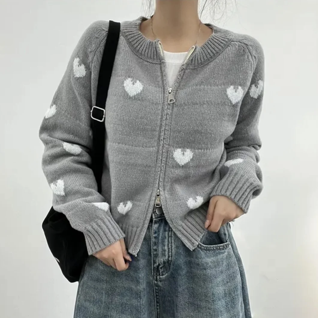 여성용 니트 지퍼 스웨터 자켓 젠틀 슬레 하트 패턴 가을 겨울 패션 다용도 소프트 디자인 센스 탑