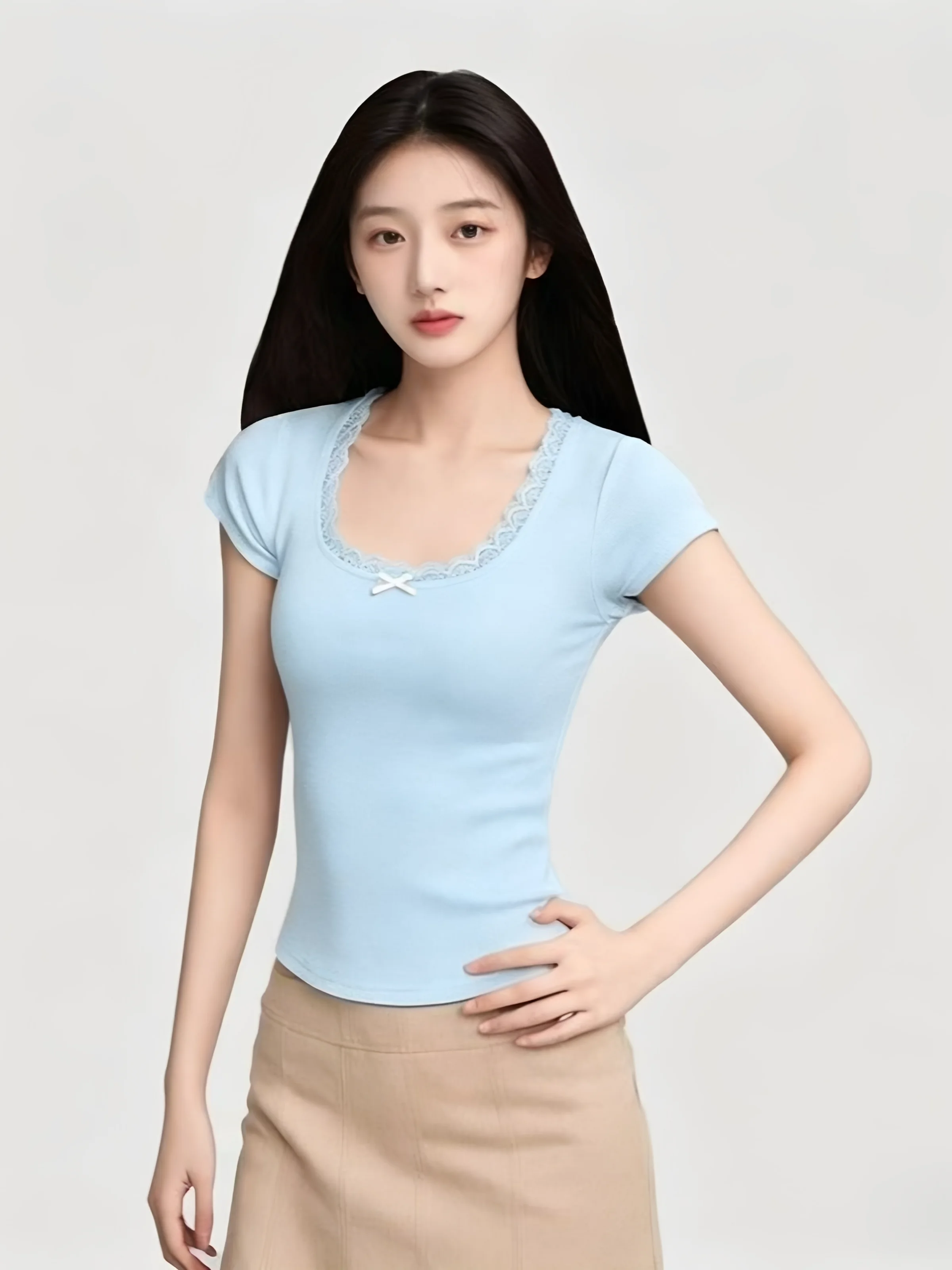 Summer Lace  Knot Short Sleeve T-Shirt Women's New Style plus Size Slim Fit Short Length Sexy Top Cotton Polyester B...