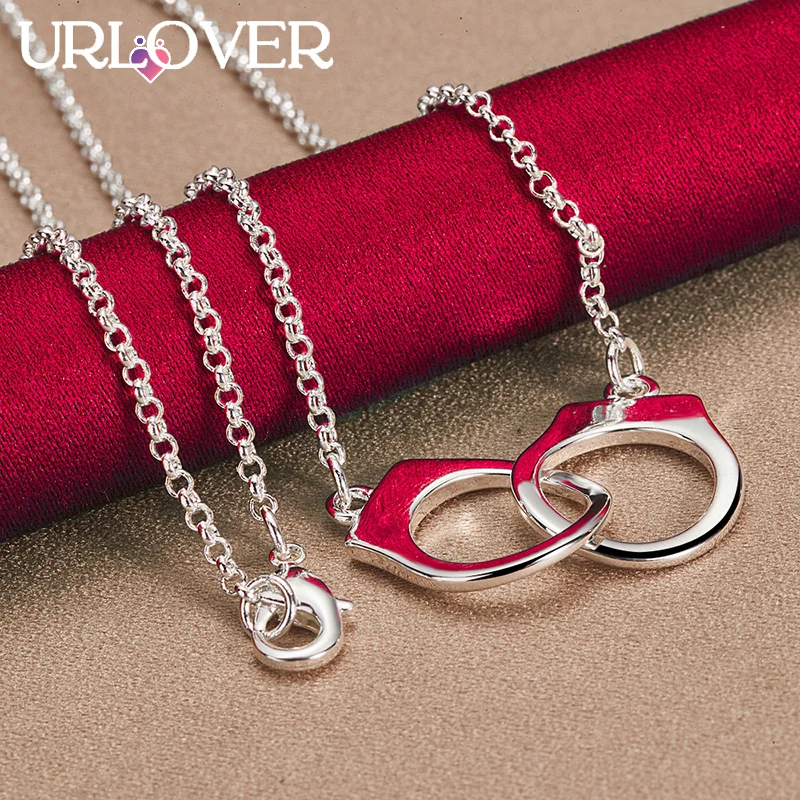 

URLOVER 925 Sterling Silver Necklace For Woman Handcuffs Pendant Necklaces Fashion Party Wedding Birthday Charm Jewelry Gifts