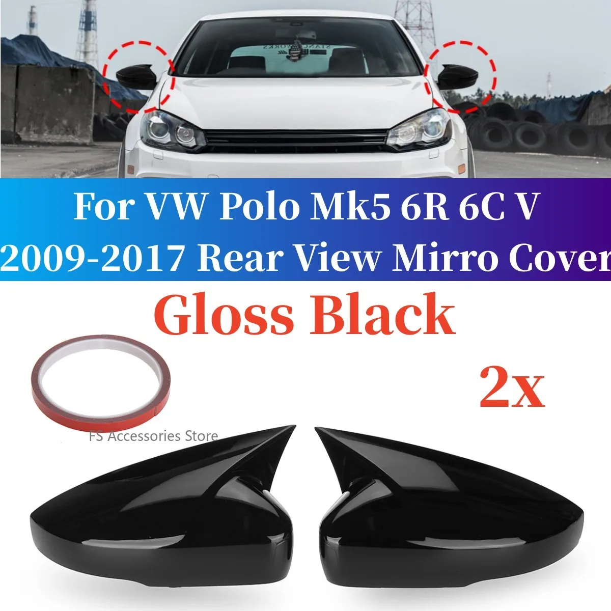 

Glossy Black Rearview Mirror Cover Caps Case For VW Polo Mk5 6R 6C V 2009-2017 Replace Side Door Wing Mirror Cap Cover Add-On