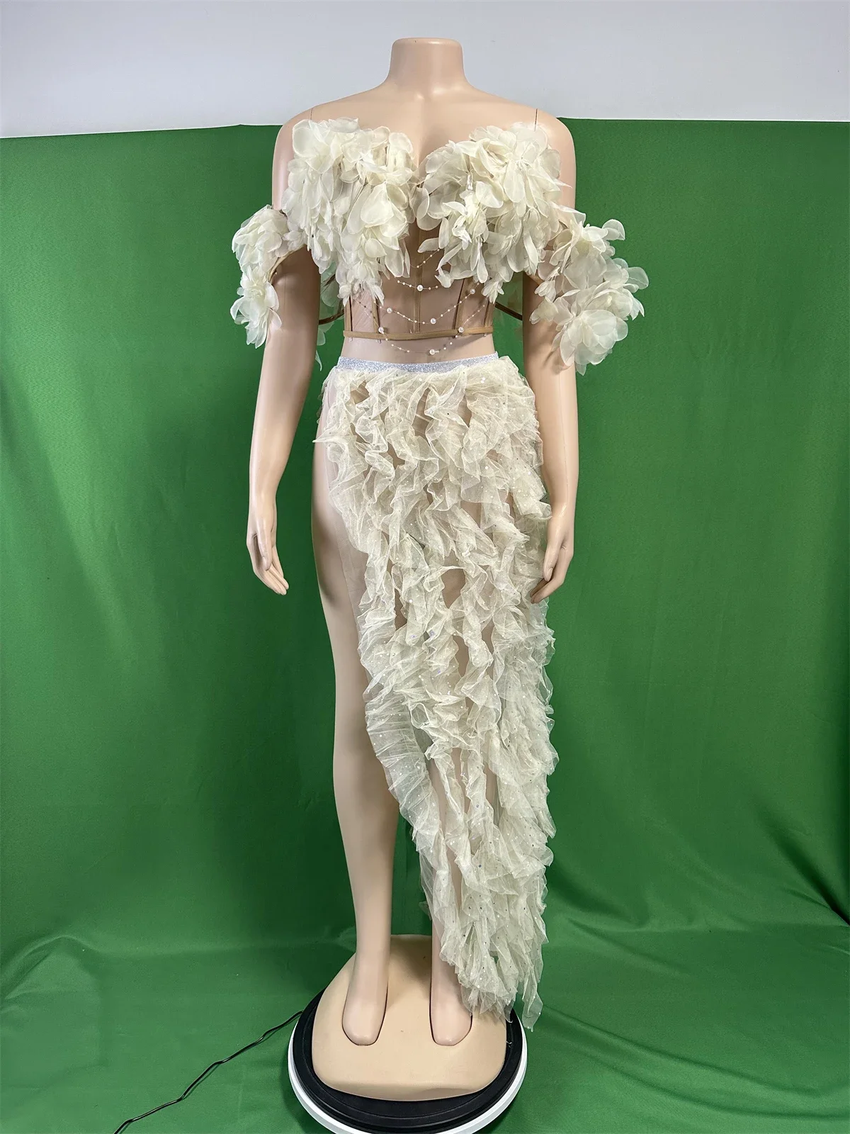 

Flower Ruffle 2 Pcs Sets Straps Tops Split Skirts Pearl Las Vegas Show Cheerleading Drag Queen Costume Nights Out Dressy Design