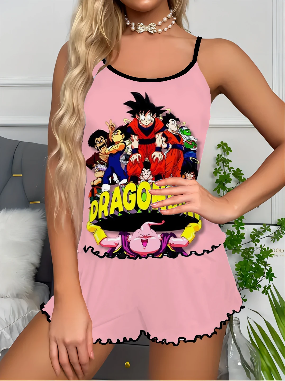 Trendy anime Dragon Ball series printed ladies pajamas silk satin pajamas set satin silky home set breathable soft and comfortab