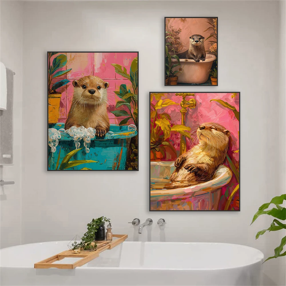 Cute Otter Colorful Oil Painting Print Poster Tiger in Bathtub Animal Art Rubber Duck Maximalist Canvas Painting Toilet Decor