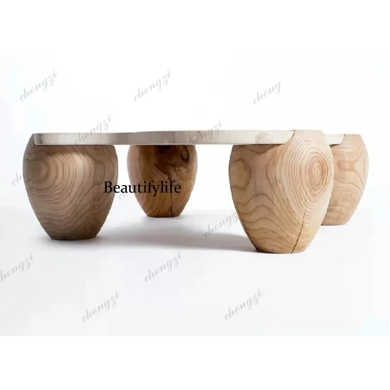 K153 Ivory white travertine Nordic natural tea table solid wood base simple villa senior design living room