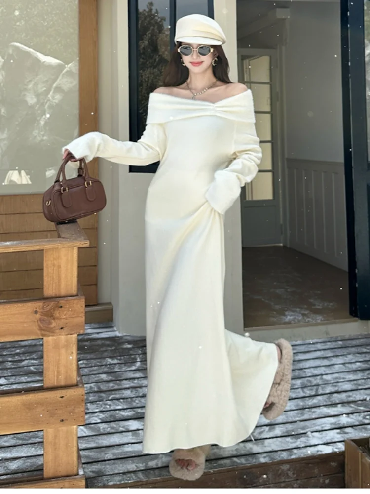 SMTHMA Sexy Slash Neck Super Style Sweater Knitted Dress Women's New Autumn Winter Elegant  Slim Soft Long Dresses Vestidos