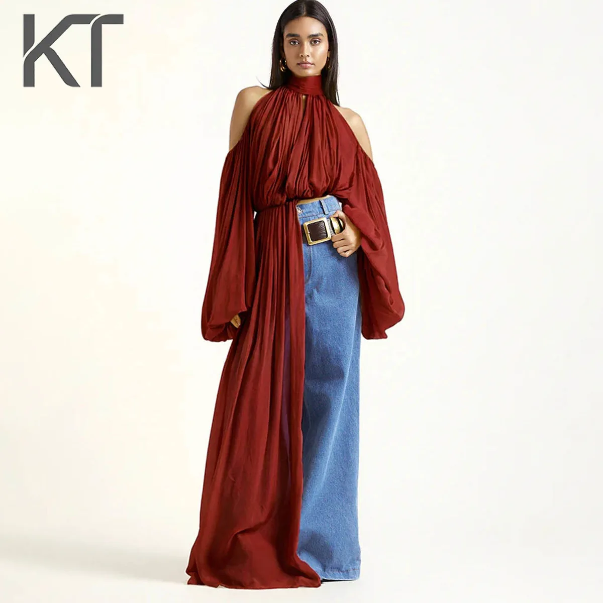 

Элегантная драпированная шифоновая блузка KT для женщин с открытыми плечами, воротником-халтер и пышными рукавами для вечеринок и торжественных мероприятий