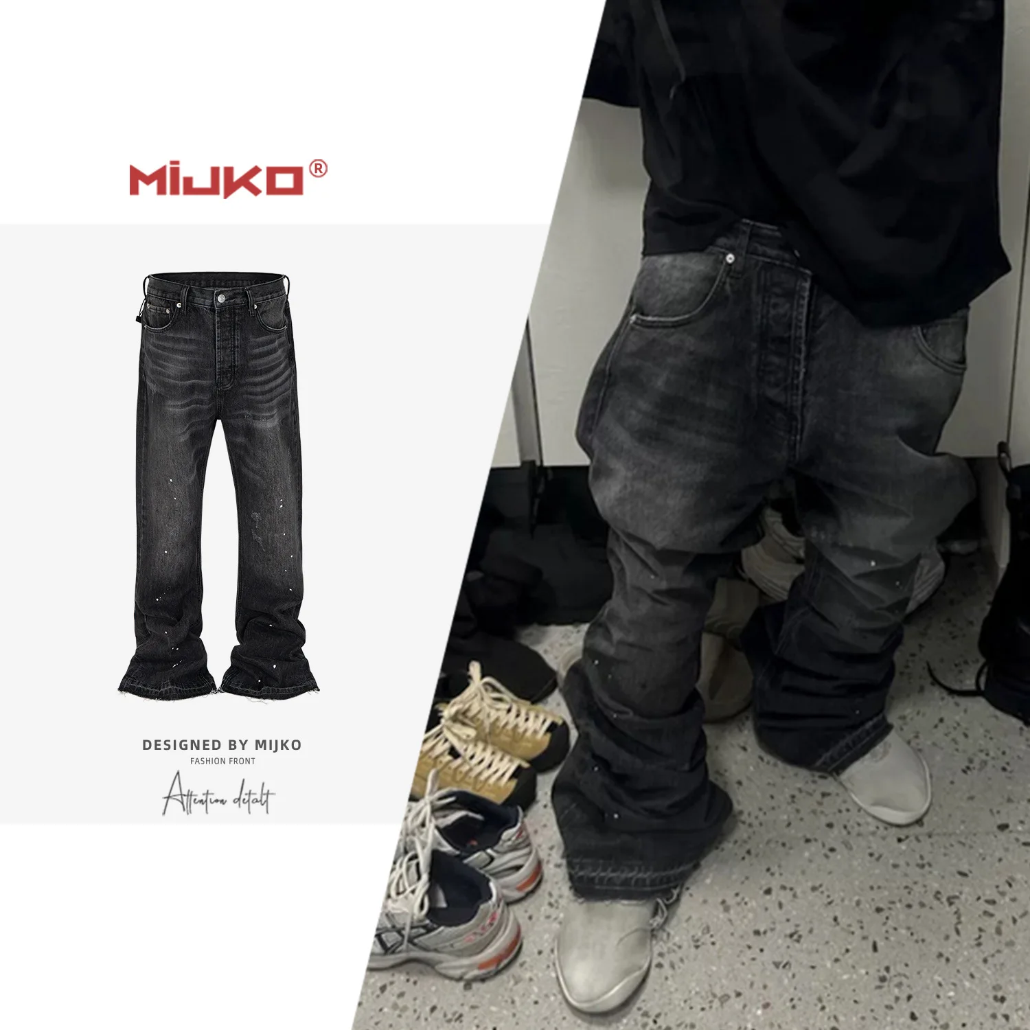 

MIJKO Men's Slim Fit Bell Bot Denim Jeans Whiskers Retro Textured Long Trousers Trendy Cotton Stretch Jeans Casual Wear