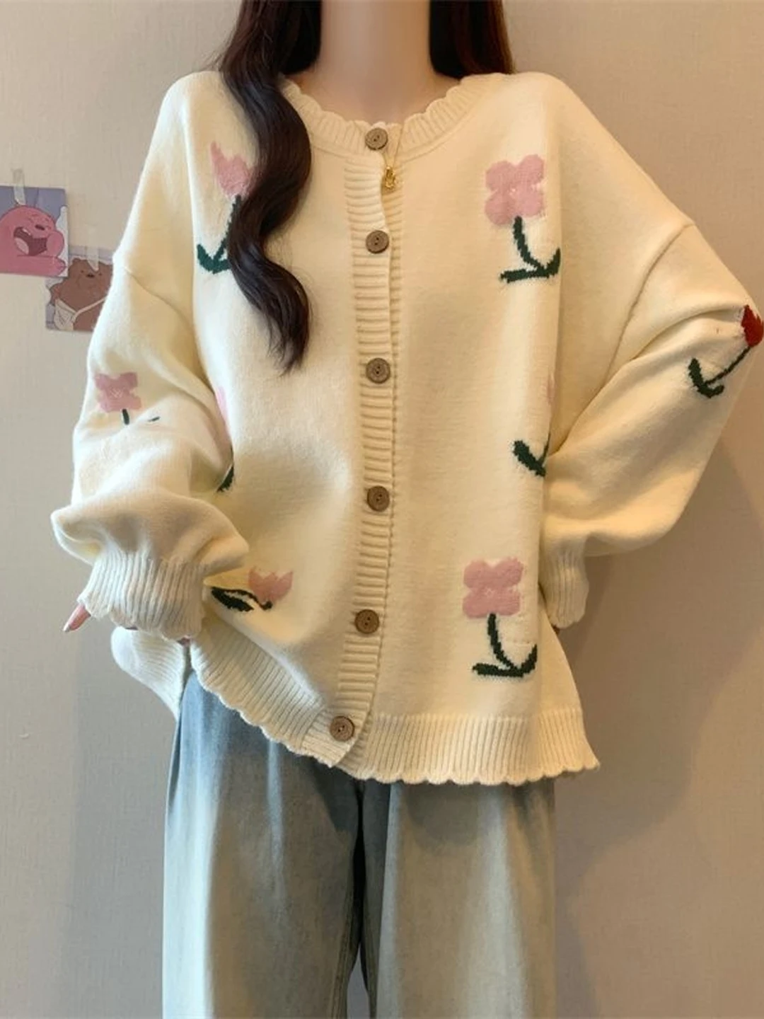 

Осень-зима вязаный открытый кардиган с цветочной вышивкой, женский утягивающий свитер для ленивого колледжа, свободный возрастной универсальный...