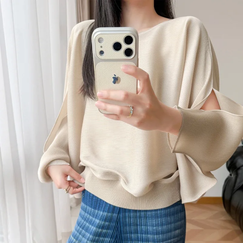 Women's Pleated Suit Autumn New 2026 Original High-end Long-sleeve Apricot Top Blue Jeans Two-piece Set Women's Clothing Pleat