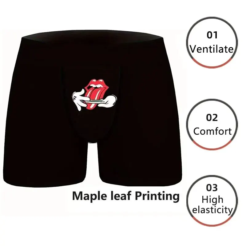 Men Sports Boxers Underwear Underpants Sport Black M L XL Maple Leaf Red Lip Print Breathable Ventilate Fashion Fitness Casual