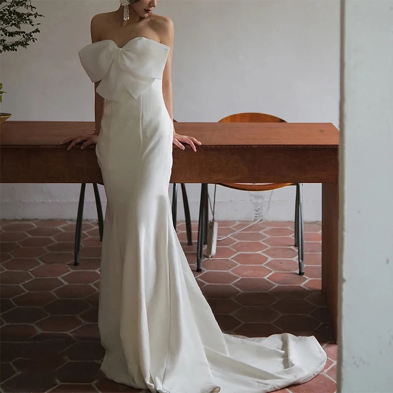 Vestido de novia sirena 2024 nuevo satén sin tirantes gran lazo-nudo tren pequeño Vestido elegante dulce vestidos de noche formales personalizados