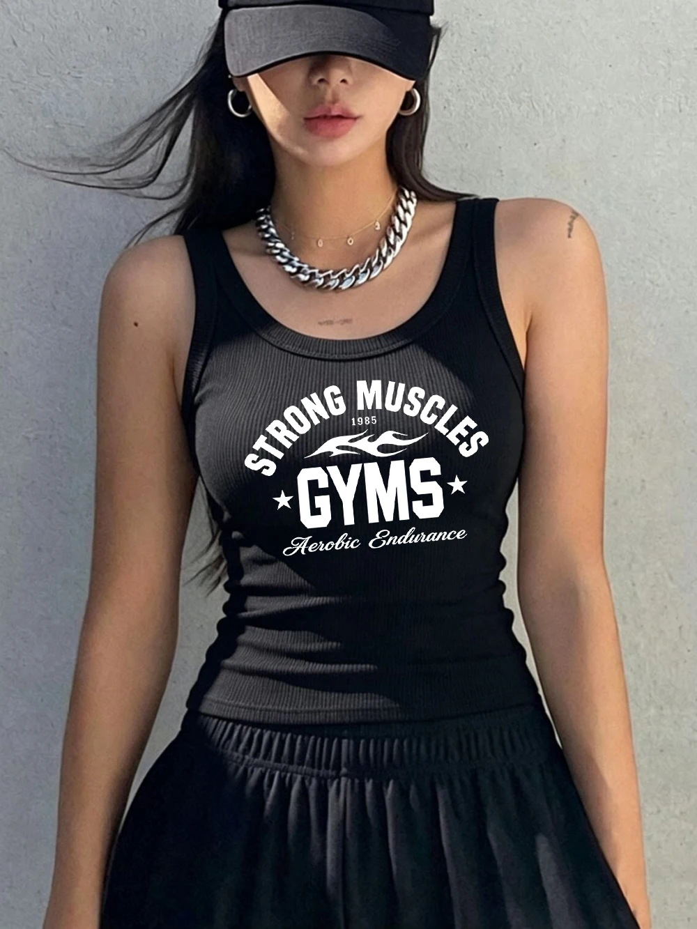 Strong Muscles Gyms 1985 Prints Vest Sporty Women Cotton Tank Tops Soft Slim Ribbed Knit Sleeveless Summer Y2K O-Neck Singlet