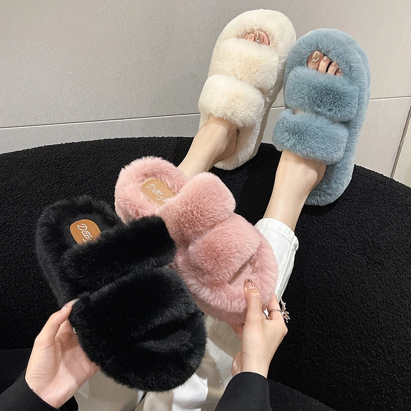 New Winter Open Toe Slipper Fur Thick Sole Flats Heel Ladies Casual Slip On Bedroom Shoes Soft Outdoor Fashion Fur Slippers