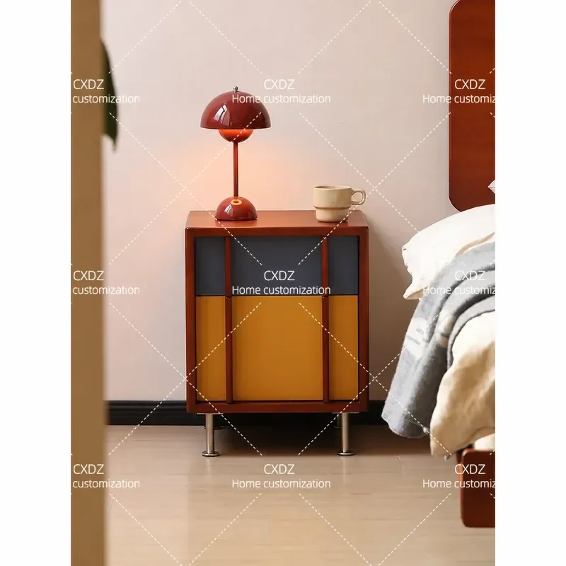 Medieval Style Solid Wood Bedside Table with Color Contrast Drawer Cabinet Cream Wind Storage Nightstand for Bedroom Decor