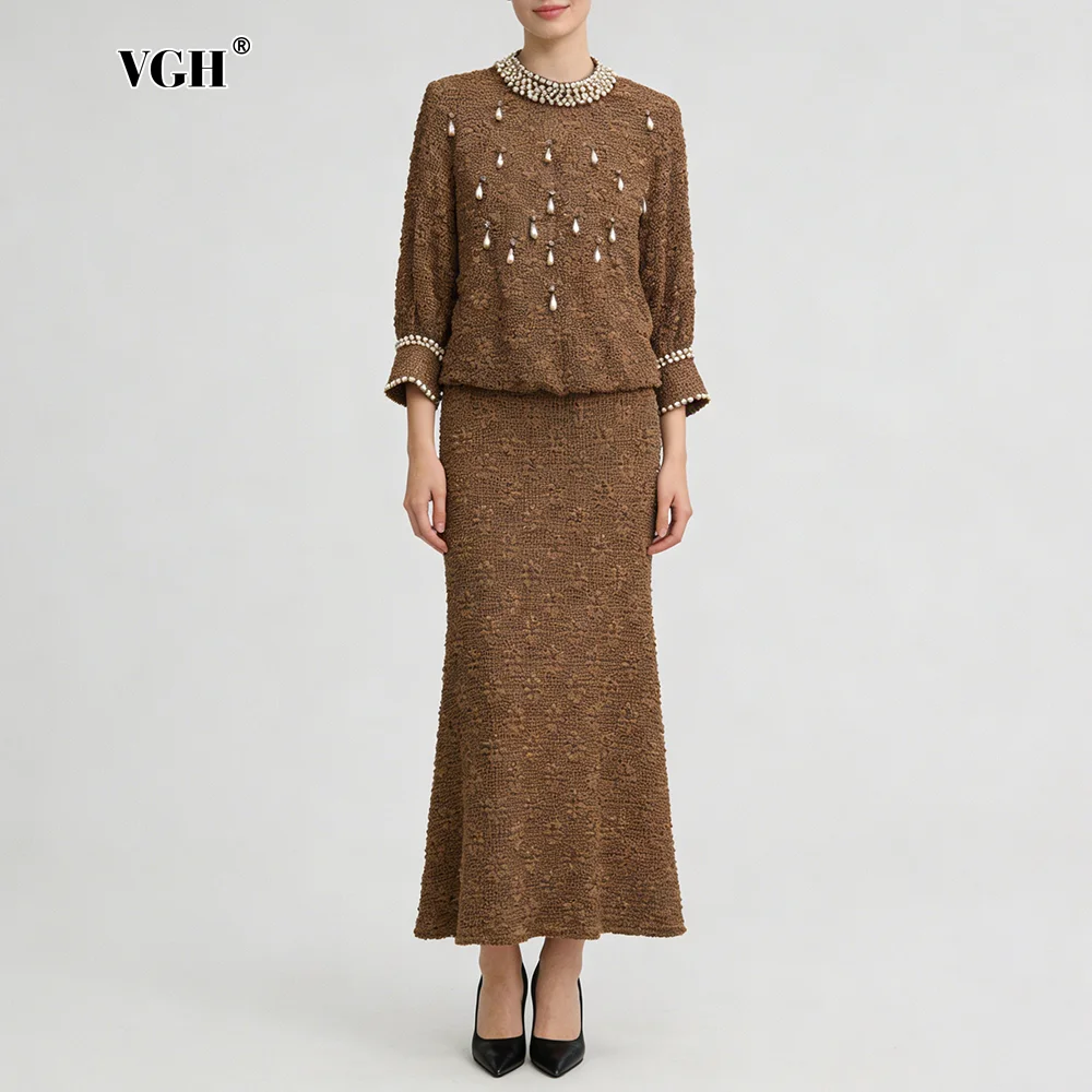 VGH Brown Tweed Pearl Embellished Two Piece Set for Women High Neck Long Sleeves Top Midi Skirt Suit for Office Business Dinners