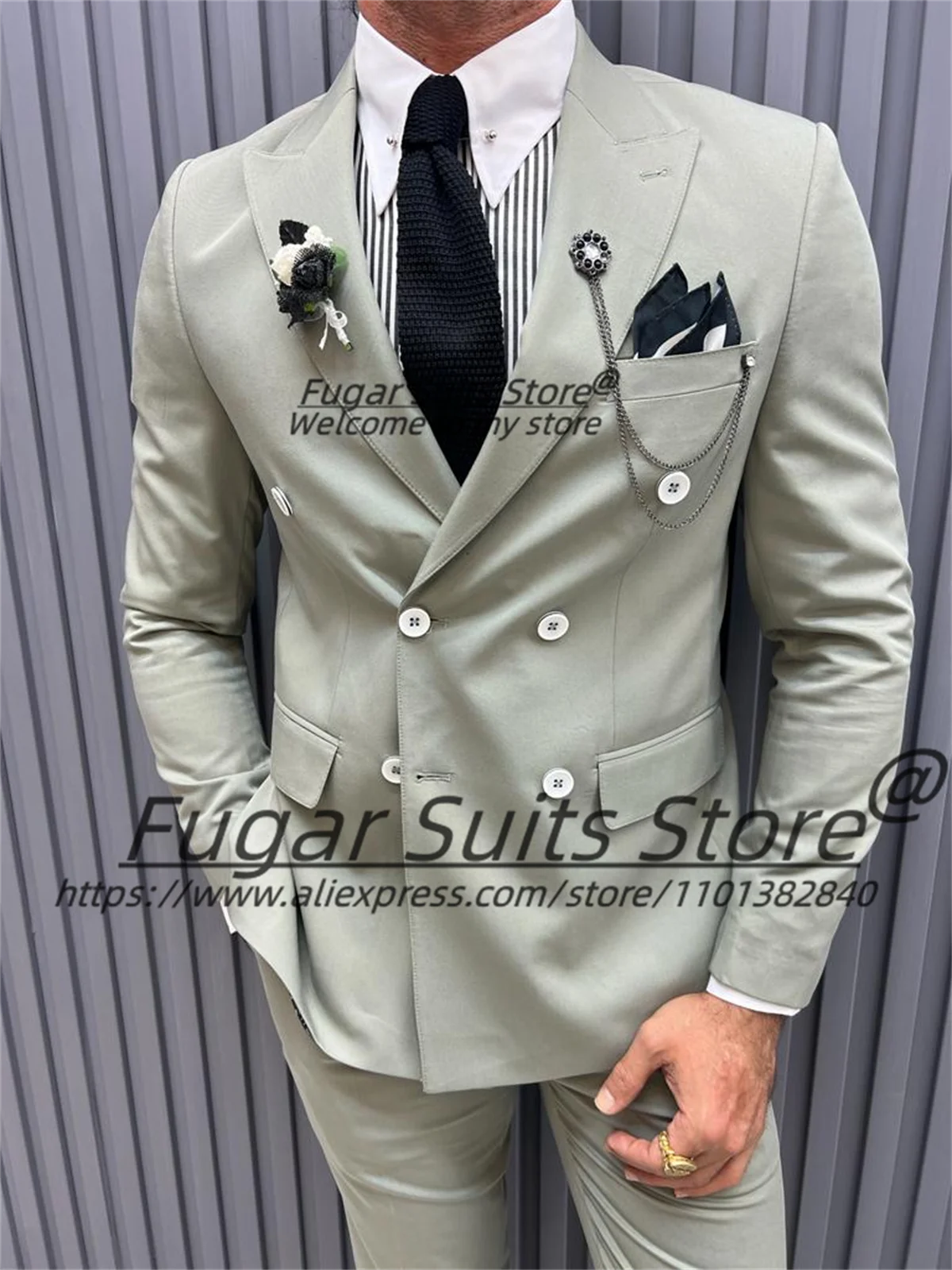 

High-end Formal Gray Fashion Men Suits Slim Fit Double Breasted Groom Prom Tuxedos 2 Pcs Sets Classic Male Blazers Costume Homme