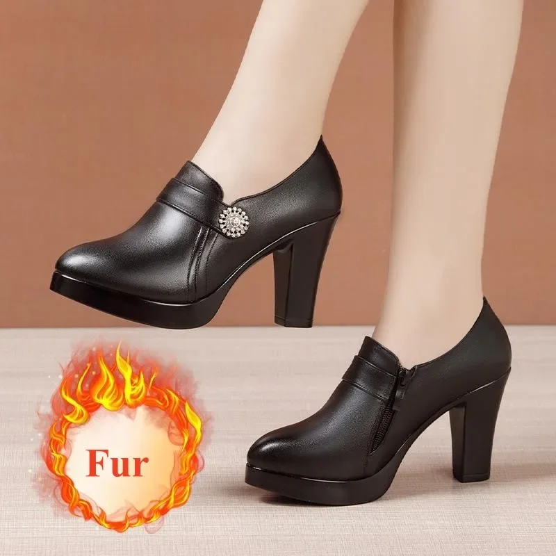 9cm Small Size 32-43 Elegant Deep Mouth Genuine Leather Shoes Thick Bottom Platform Pumps 2024 Fall Block High Heels Shoes Fur