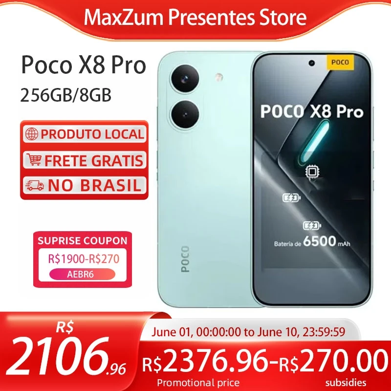 Poco X8 PRO 5G, 256/8GB, MediaTek Dimensity 8500-Ultra, Bateria de 6500mAh, Versão Global, Câmera de 50MP