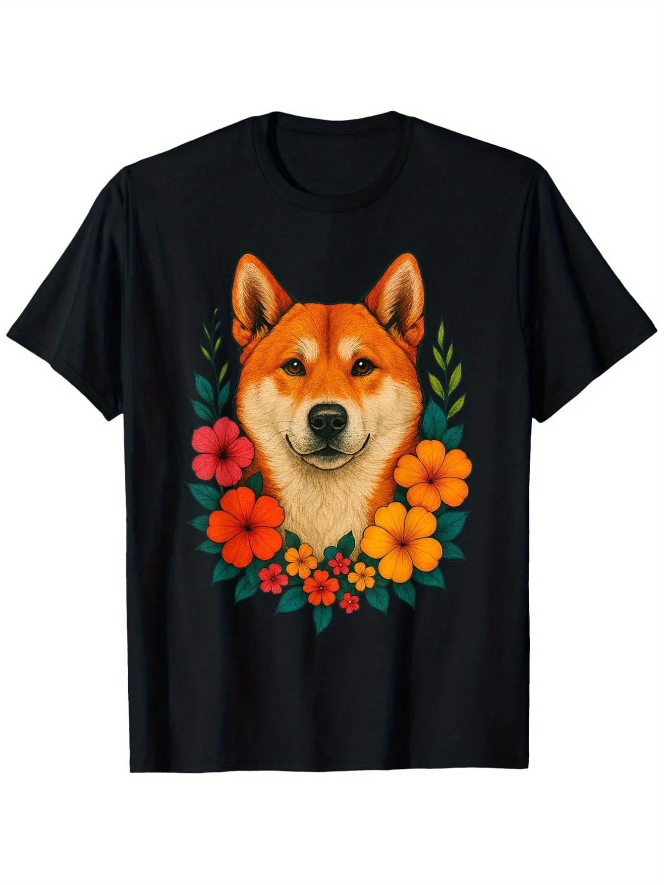 

Shiba Inu Dog Floral Wreath Graphic Tee Summer Spring Short Sleeve T-Shirt Breathable Cotton