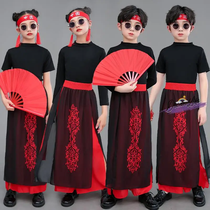 

Детский сценический костюм для танца с веерами в национальном стиле, с изображением дракона, для выступлений, вдохновленный древними мотивами, для молодежи