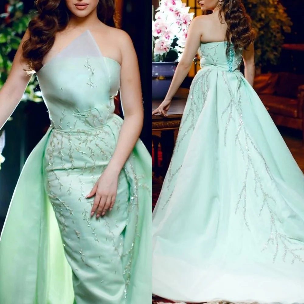 

Evening Satin Sequined Beading Ruched Prom A-line Strapless Bespoke Occasion Gown Long Dresses Saudi Arabia