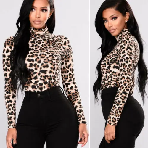 Women Ladies Leopard Print Tops Turtle Neck  Long Sleeve Blouse Loose Basic Tops Blouse Mujer