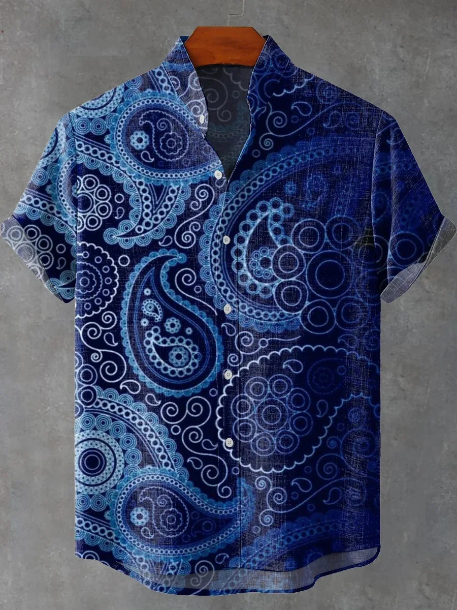 ハワイ3Dプリントデザインメンズおしゃれカジュアルバケーションリネンシャツメンズボタン快適半袖スタンドカラー