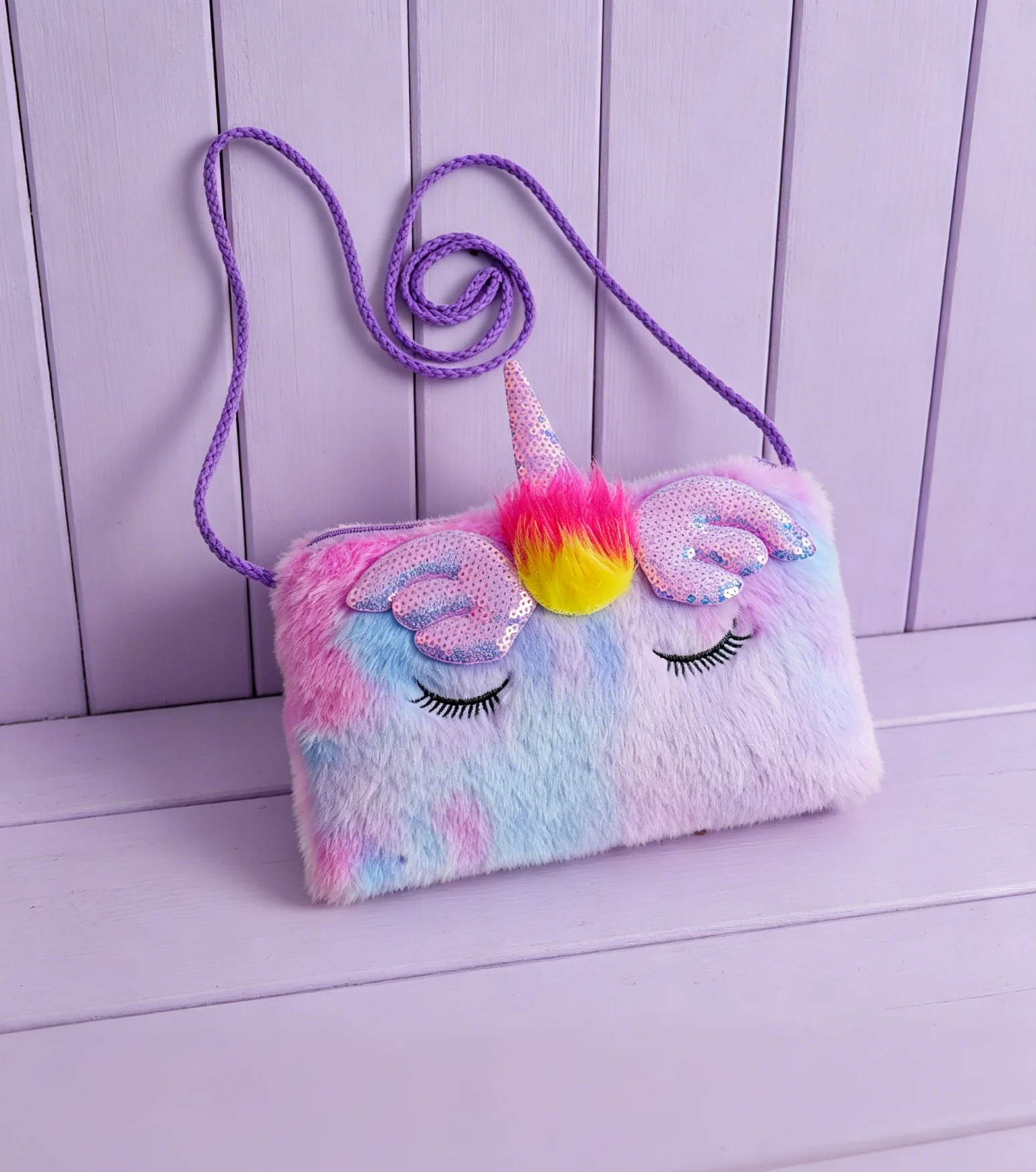 Cute Plush Crossbody Bag for Girls Soft Fluffy Rainbow Shoulder Bag with Sequins Horn Kids Cartoon Sling Purse Birthday Gift