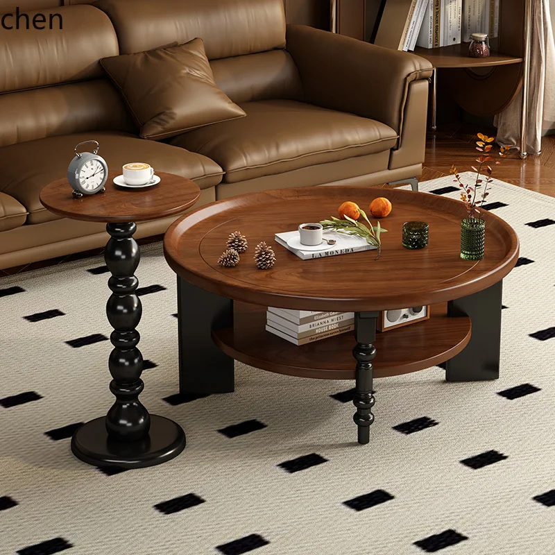 

HTT medieval style coffee table solid wood retro round table sofa small coffee round small apartment household