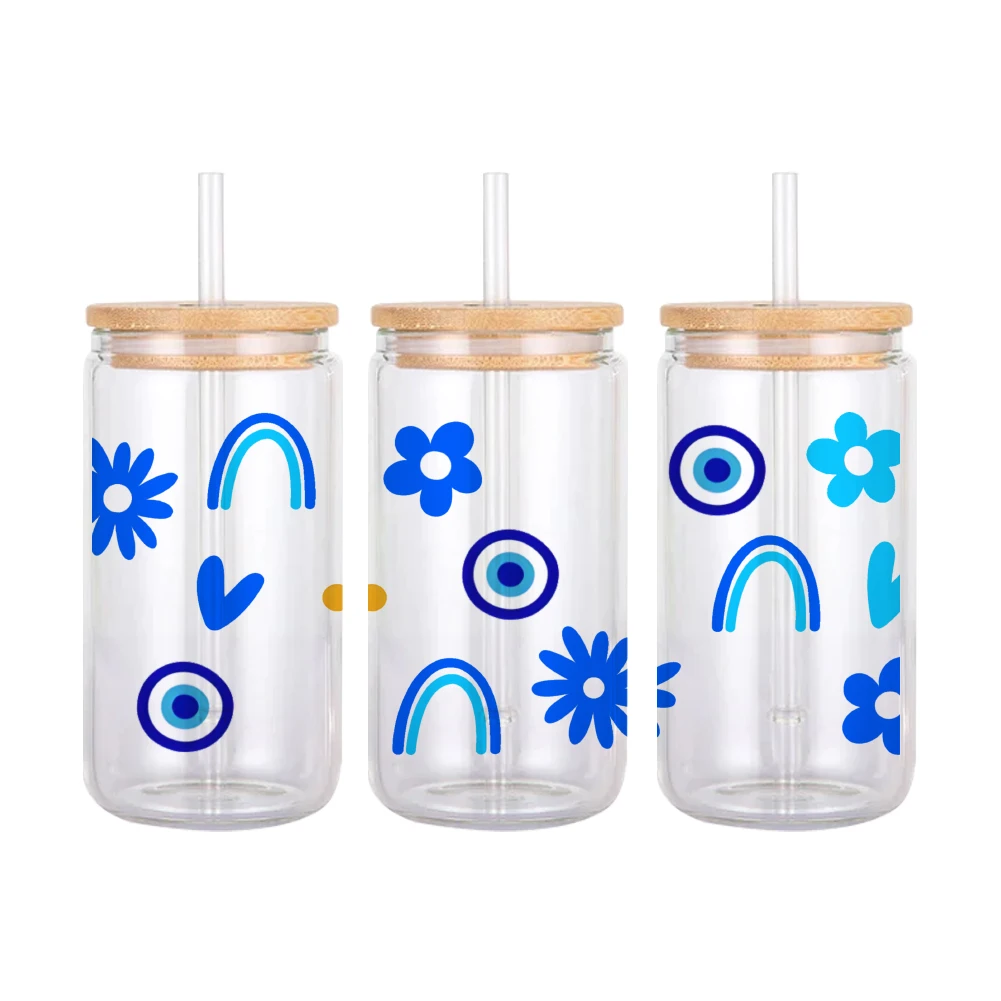 Blaues Auge des bösen Musters uv dtf Transfer aufkleber wasserdichte Transfers Aufkleber für 16oz Glas becher Wrap Aufkleber