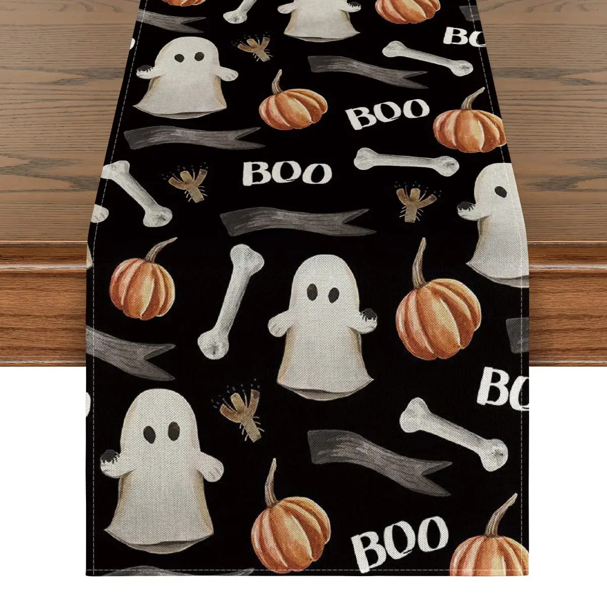 

Watercolor Ghost Pumpkins Bone Boo Table Runner Black, Seasonal Fall Spooky Halloween Holiday Kitchen Dining Table Decor