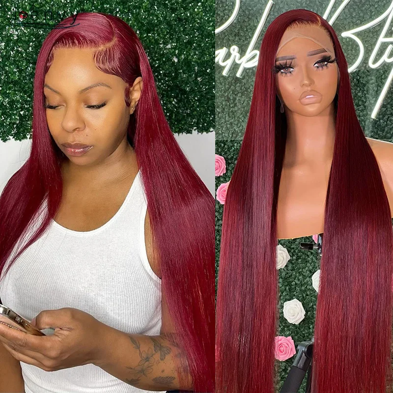 99J Burgundy Red 13X6 Lace Front Human Hair Wigs Peruvian Colored Bone Straight 13X4 Hd Lace Frontal Wig Long 30 34 Inch Red Wig