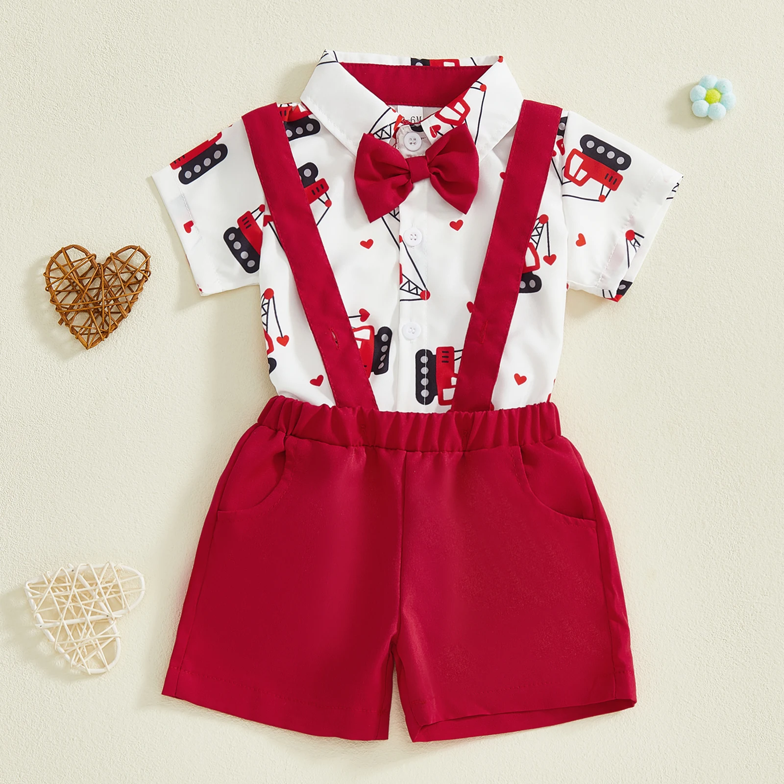 طقم شورت رسمي لطيف للأطفال الأولاد رومبير مطبوع عليه حفارة مع شورت عام صلب ملابس للأولاد في عيد الحب #5