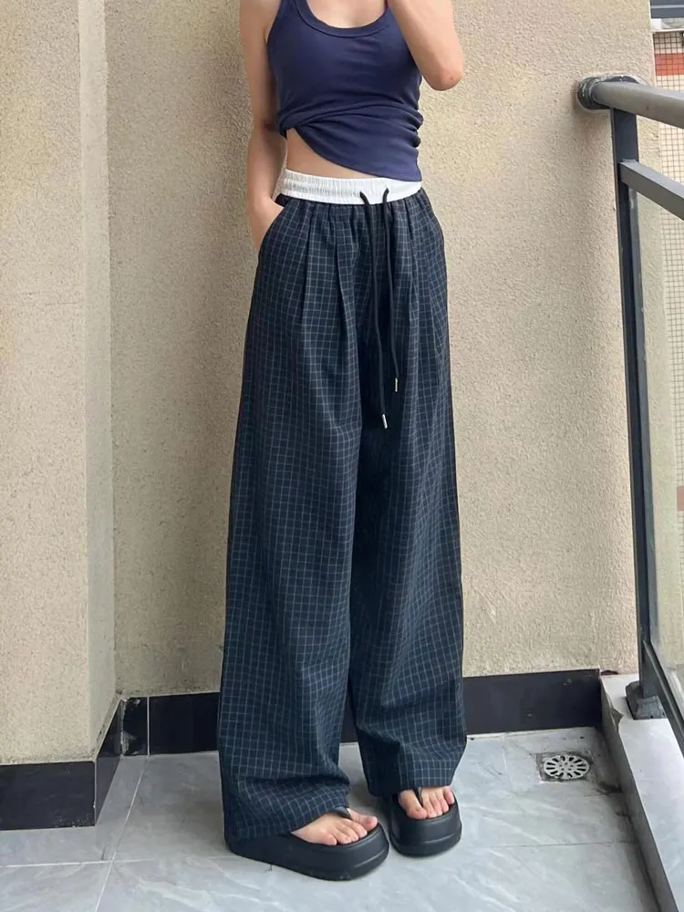 150 Small flabby plaid casual pants women's summer thin slouch walking pants High waist straight leg pants