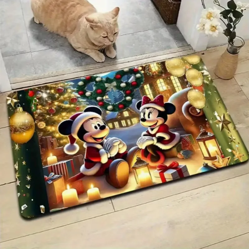 Disney Mickey and Minnie Christmas Doormat with Snow View, Santa Claus and Gift Design Living Room Bedroom Christmas Decoration