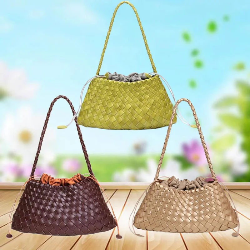 

Hand-woven Women's Bag, Genuine Leather Vegetable Basket Sailboat Bucket Bag Vacation Handbag Shoulder Bag Vintage Woven Handbag