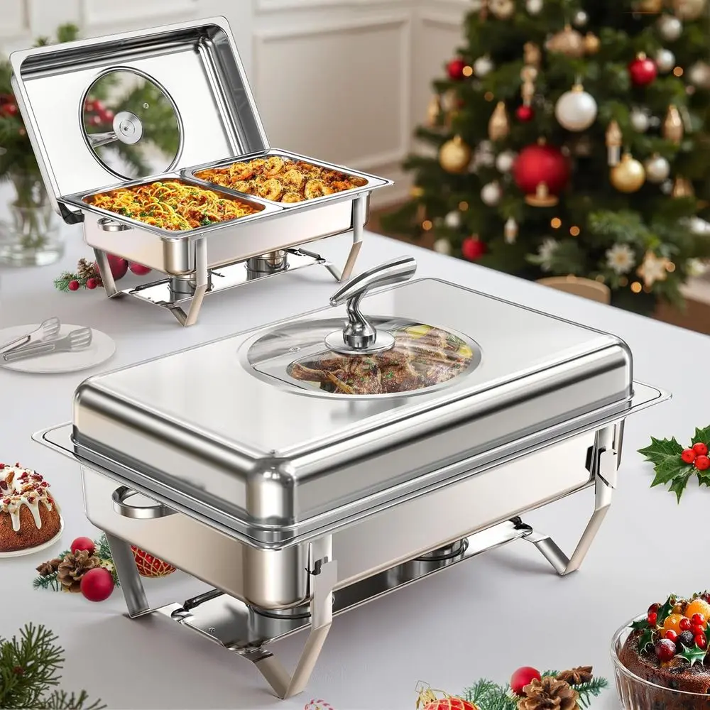 

Stainless Steel Buffet Warmers with Glass Lids (9QT, 2-Pack) - Large Chafing Dishes Set for Parties