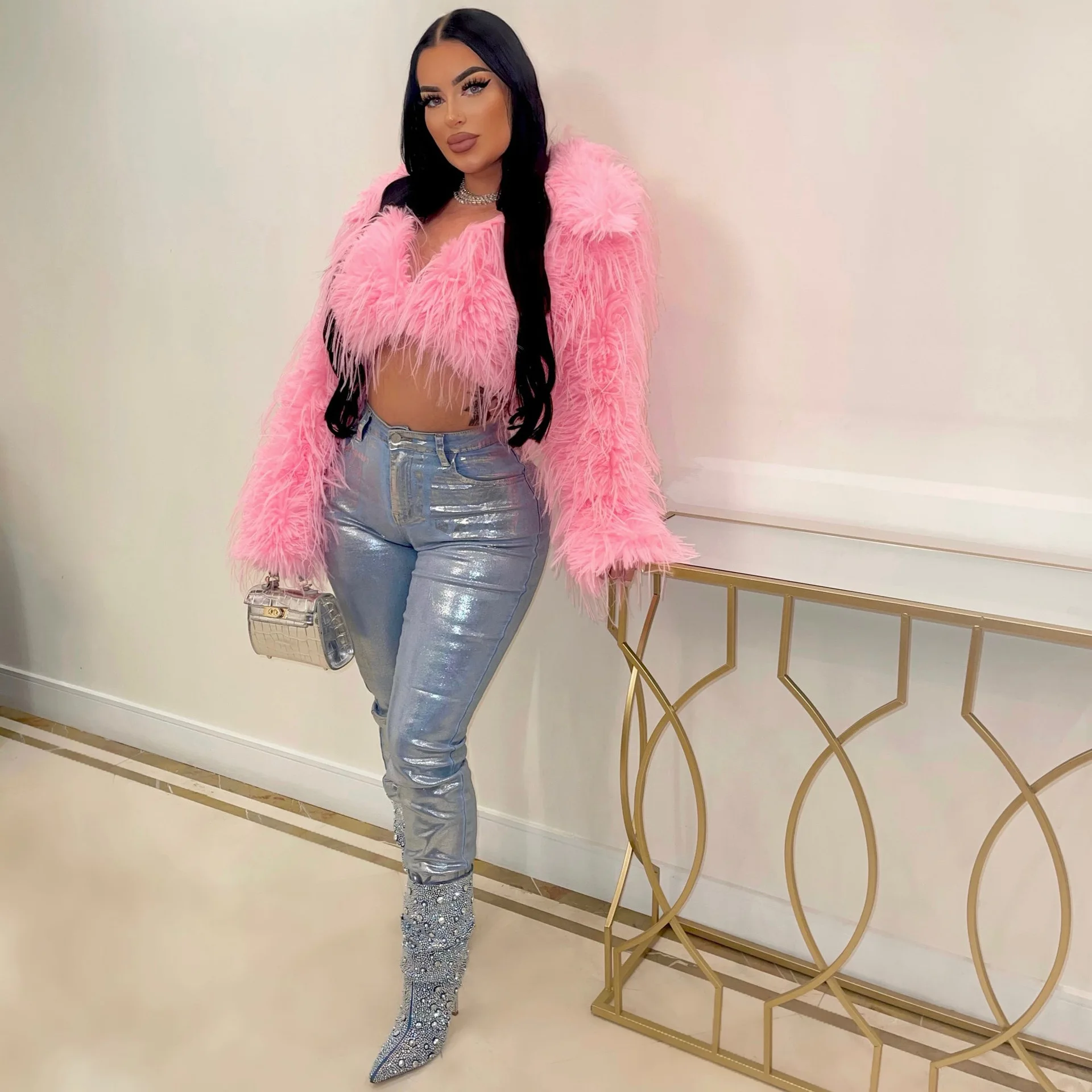 

Women's Sexy Long Fur Short Coat Lapel V Neck Club Party Warm Jacket Thick Winter High Waist Oversize Coat