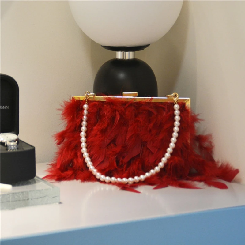 Women Ostrich Feather Clutch Bag Evening Handbag with Detachable Chain Strap E74B