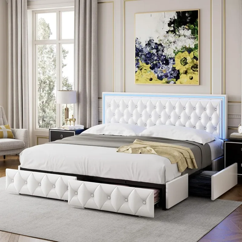 Full Upholstered LED Bed Frame with 4 Drawers, with Adjustable Button Tufted Headboard and Solid Wooden Slats Support, White