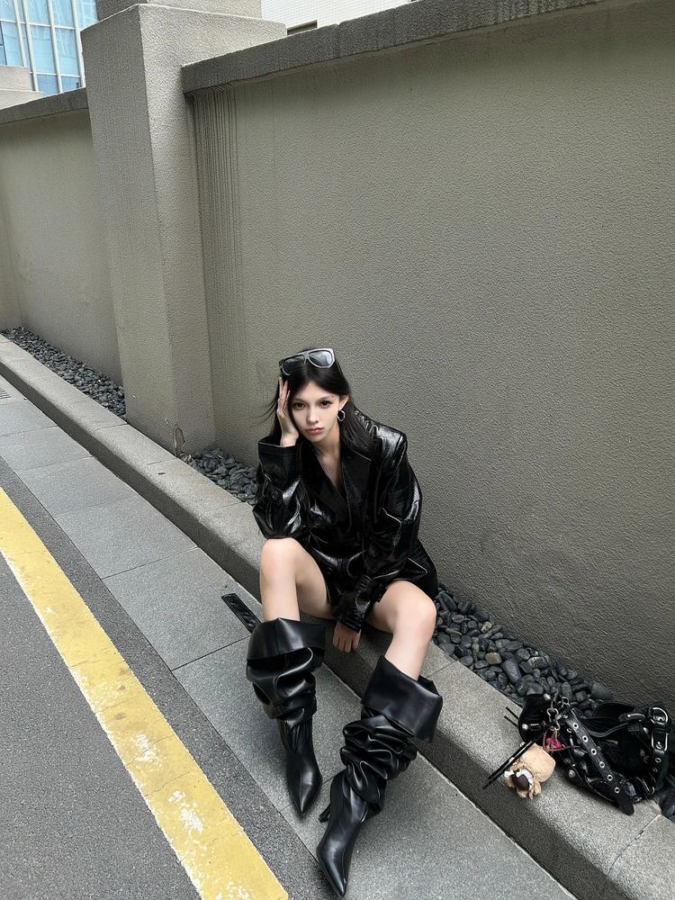 

Bla Crocodile Pattern PU Leather Jaet Women's Outerwear Coat Outfit Studio New Arrival Fall Winter Straight Tube Sle