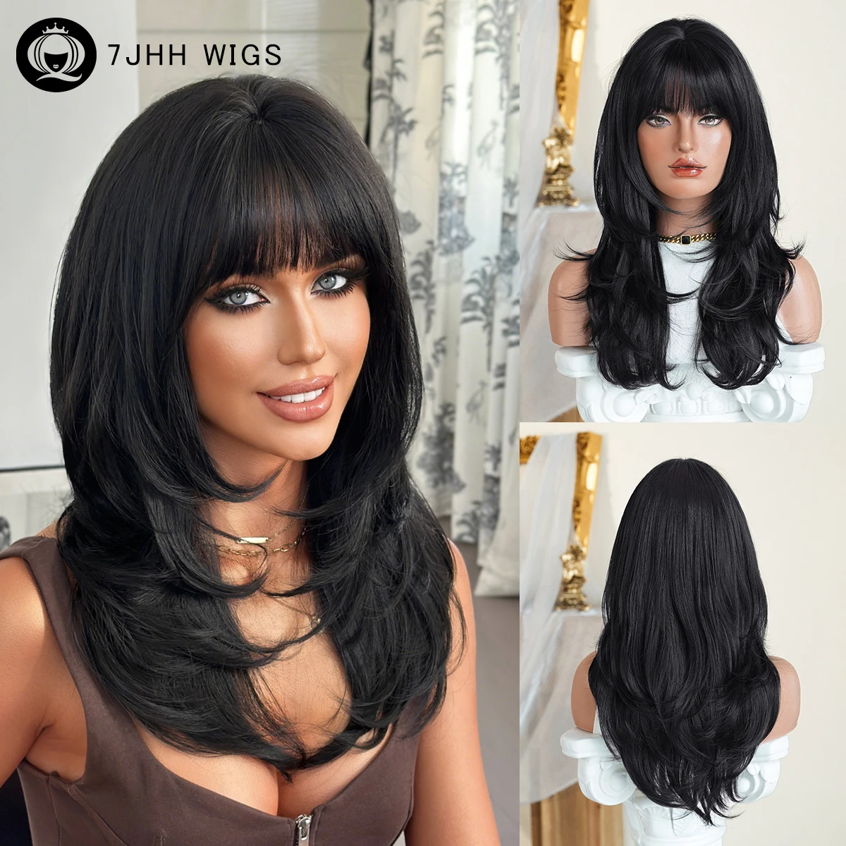 7JHH WIGS Lange, gerade, geschichtete schwarze Perücke für Damen, hochdichte synthetische, modische schwarze Perücken mit ordentlichem Pony