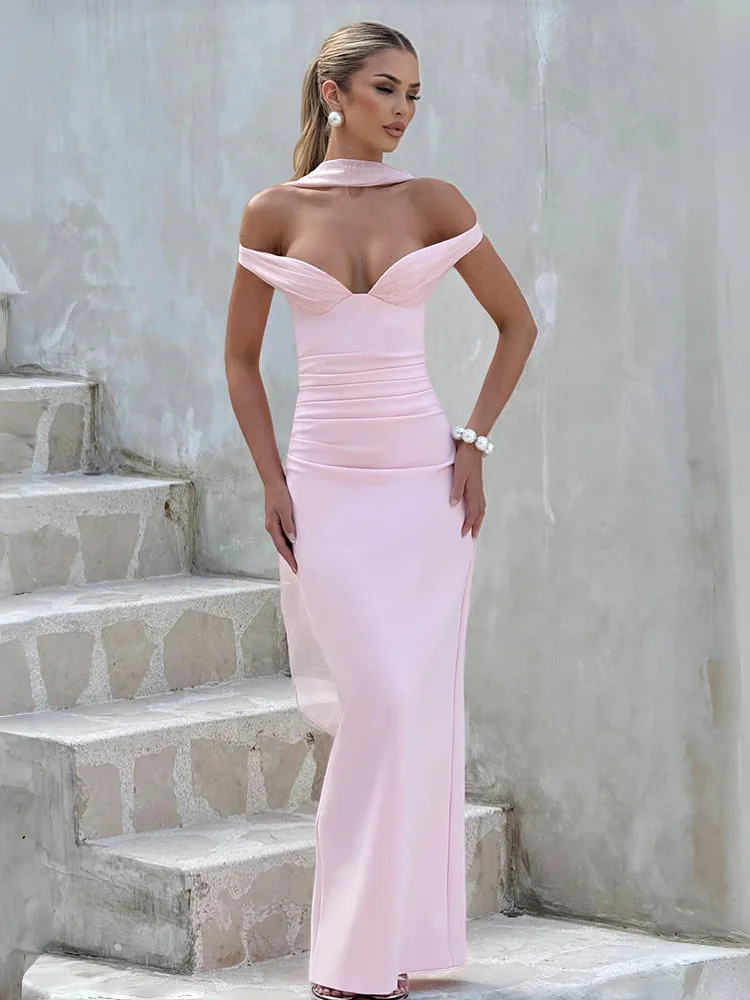 Absobe Avond Tank Maxi Jurk Dames Sexy V-hals Off Schouder Sjaal Lint Backless Uitgesneden Slanke Bodycon Split Jurk Partywear