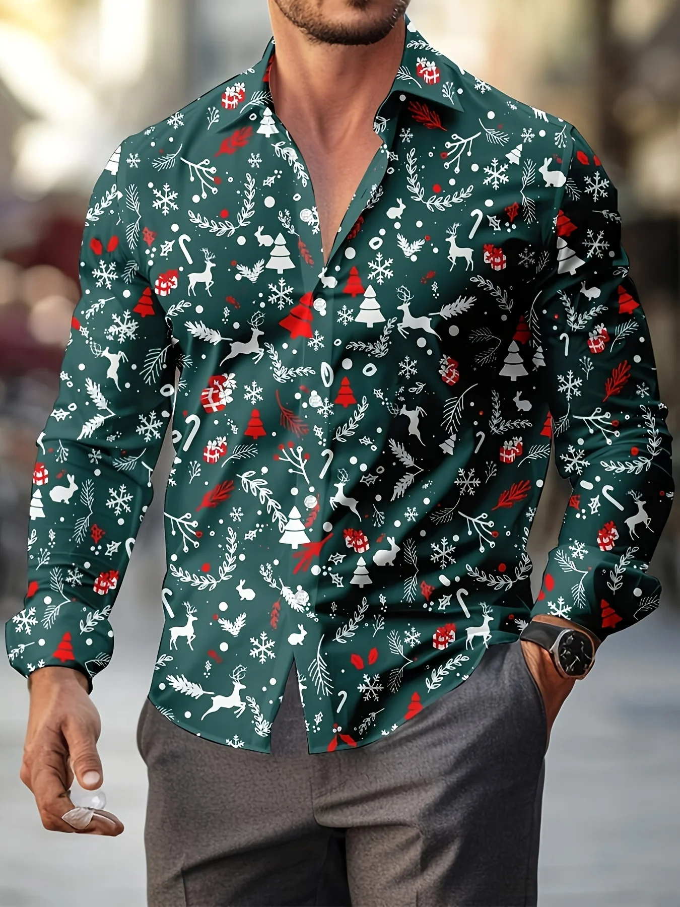 Christmas Elements Long Sleeve Shirt For Men 3D Print Santa Clause Graphic Button Lapel Shirt Fashion Novelty Autumn Winter Tops